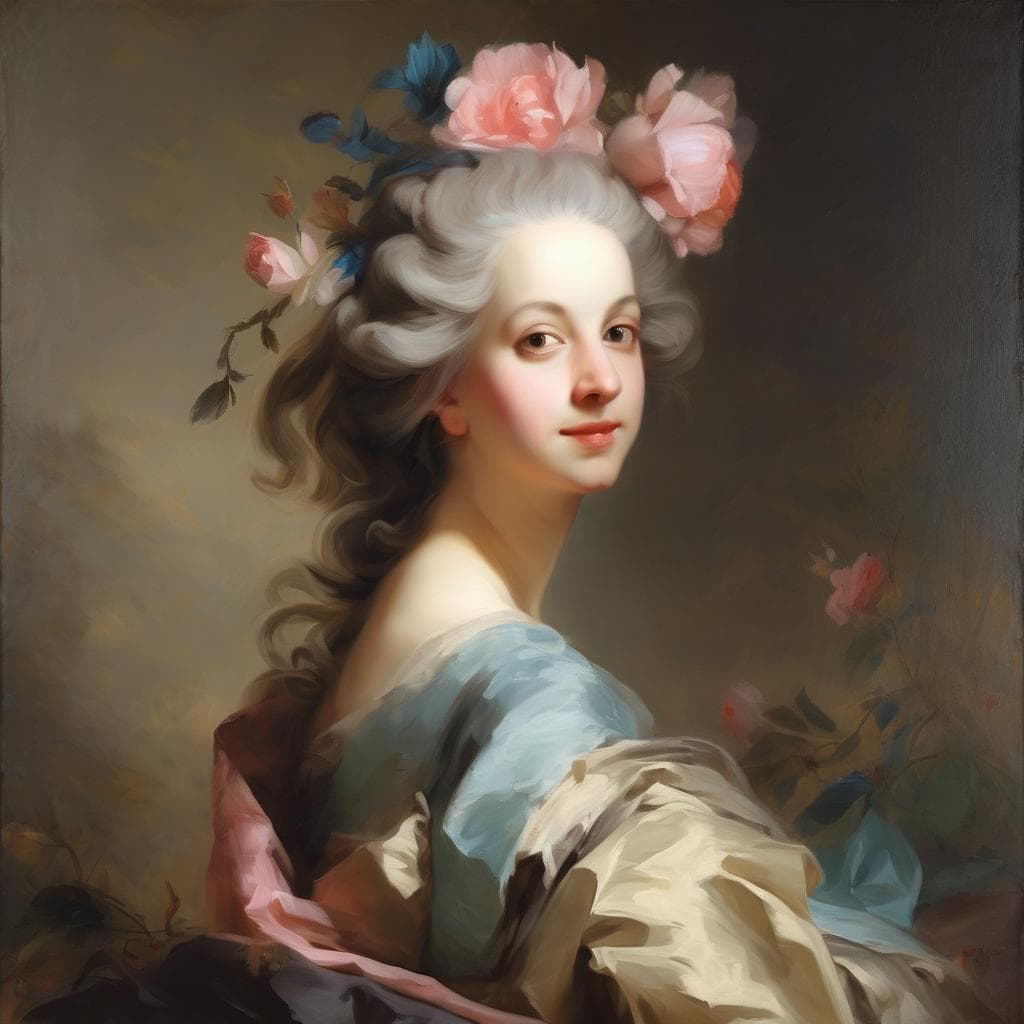 Φωτογραφία μιας νεαρής γυναίκας με κομψό ρομαντικό αμφίεσο σε πορτρέτο ζωγραφικής τέχνης, με λουλούδια στα μαλλιά και ήπια έκφραση.