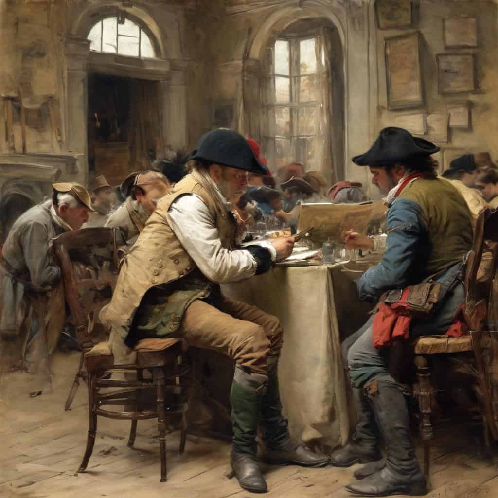 Παρτιάσιοι στρατιώτες σε καφενείο με αυθεντική εποχή 18ου αιώνα, εκφράζοντας ανθρώπινη ψυχολογία και τέχνη.