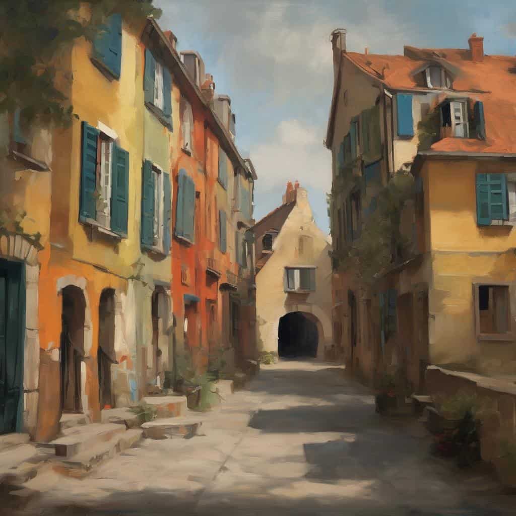 Μυστηρική γειτονιά με πολύχρωμα παλιά σπίτια και καμπαναριά, ζωγραφισμένη σε στιλ ζωγραφικής.