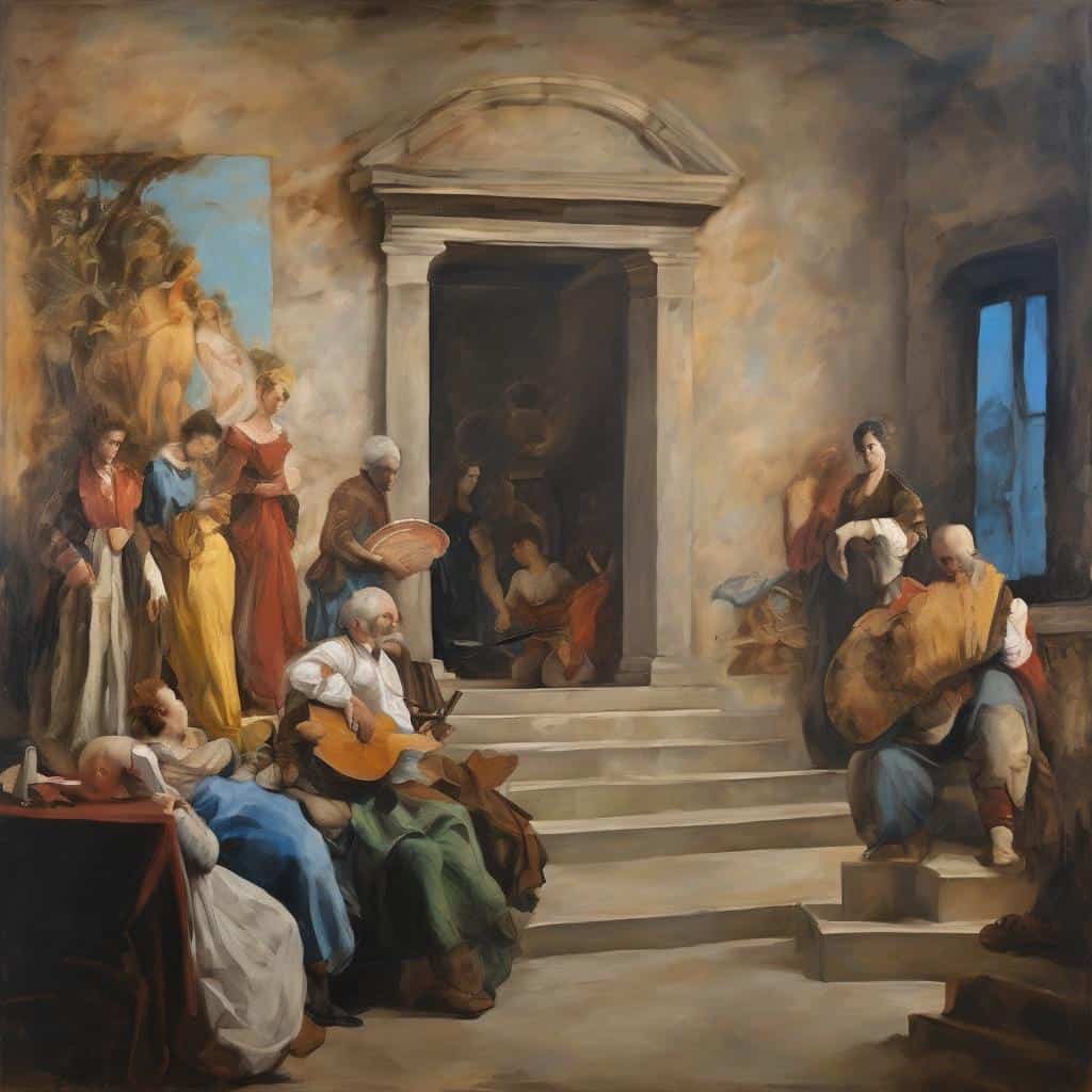 Έργο τέχνης με ανθρώπους και μουσική, εξερεύνηση της ανθρώπινης φύσης και ψυχολογίας, στημένο σε αρχαίο περιβάλλον.