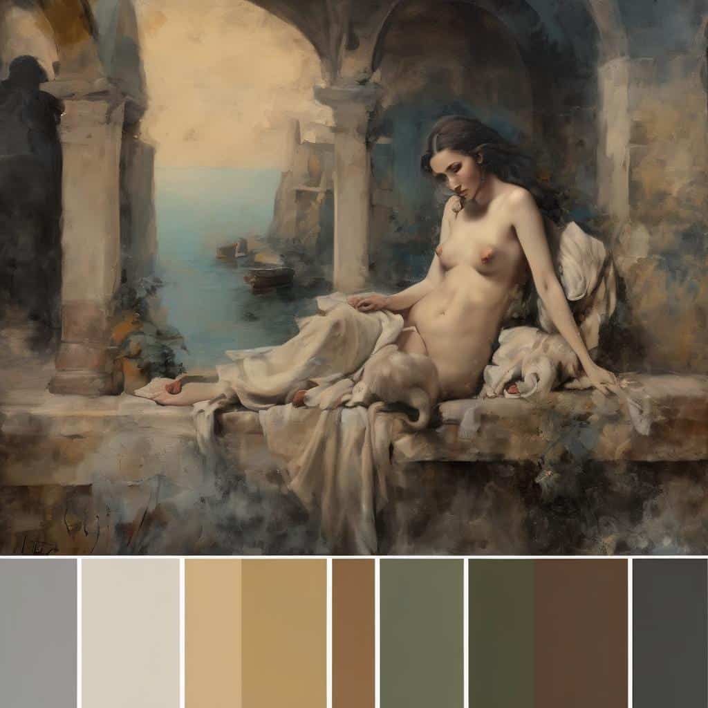 Ζεστή γυναικεία φιγούρα σε ρομαντικό τοπίο με αρχαία δομές και θάλασσα, εκφράζοντας την ανθρώπινη φύση και ψυχολογία.
