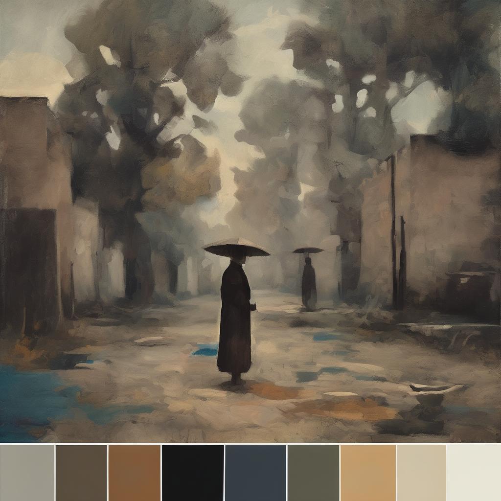 Νερομπογιά σκηνή με ανθρώπους κάτω από ομπρέλες σε βροχερό δρόμο, εστίαση στην ανθρώπινη φύση και ψυχολογία.